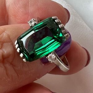 ART DECO VINTAGE 10K WHITE GOLD CUSHION CUT EMERALD GREEN SPINEL RING STATEMENT